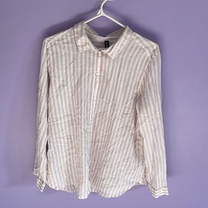 H&M White and Brown Striped Long Sleeved Button-Down Blouse